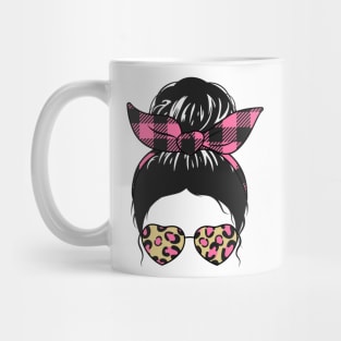 Messy Bun Girl Pink Check Bandana & Leopard Print Sunglasses Mug